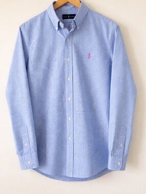 POLO BY RALPH LAUREN - MEN'S CLASSIC FIT CHECKED GINGHAM PINK PONY SZ LARGE